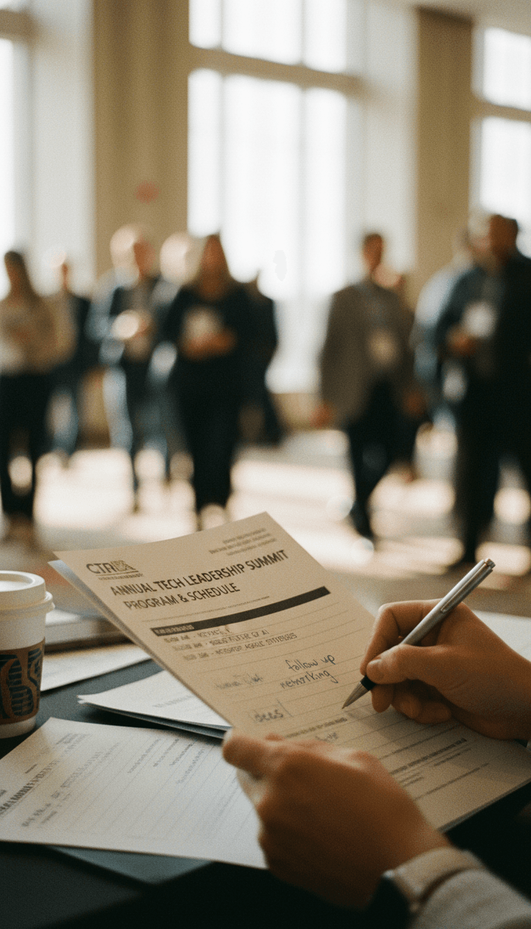 Hands writing notes on a conference program