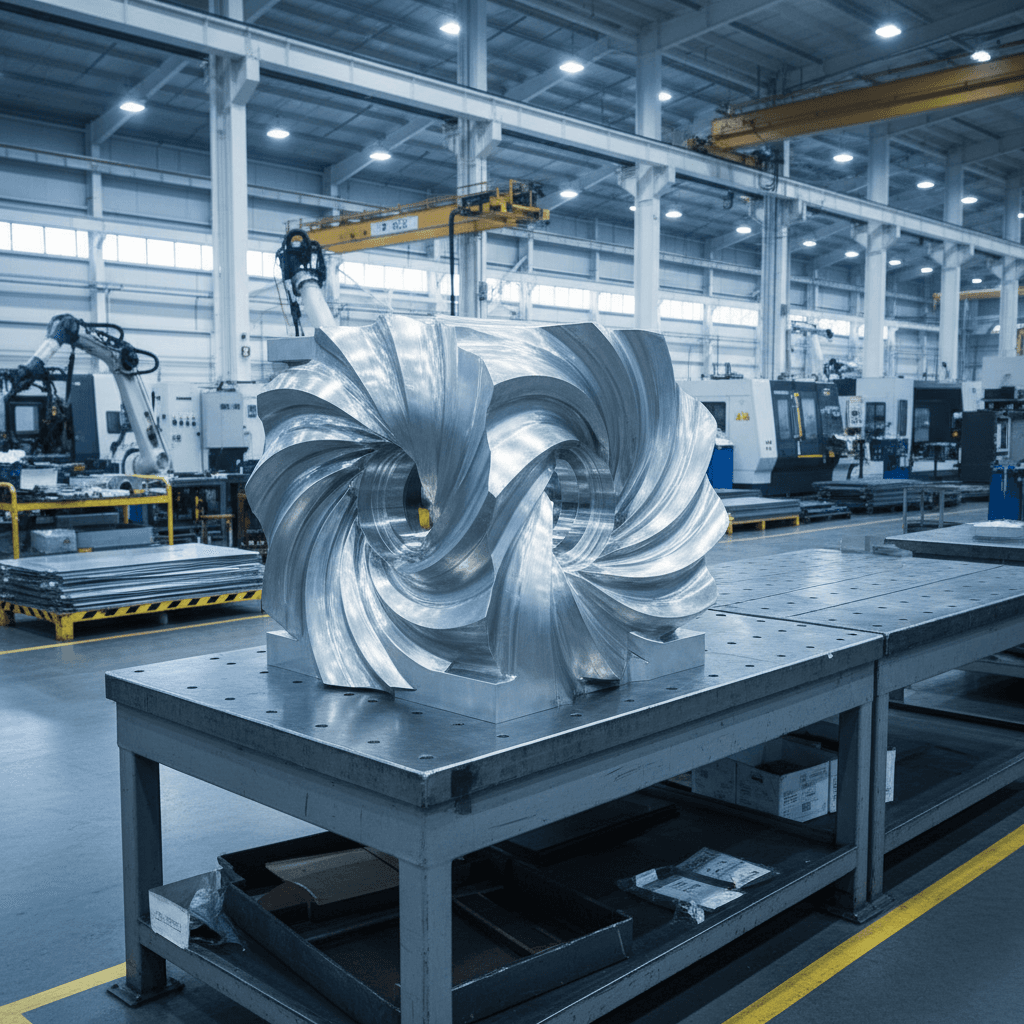 Industrial scroll compressor component with a metallic finish in a manufacturing facility