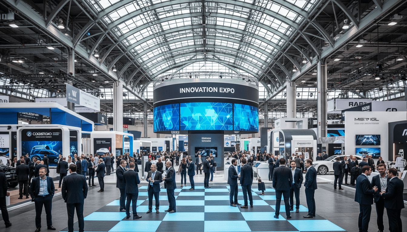 Professional visitors walking through a modern trade show exhibition hall