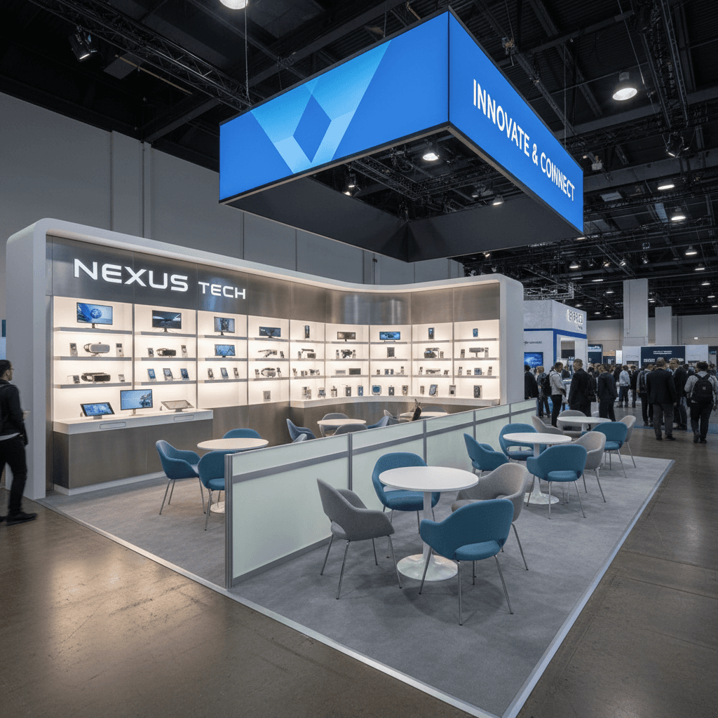 Large trade show booth featuring a product wall and meeting area