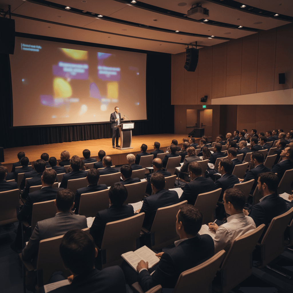 Conference speaker presenting to an audience at the show