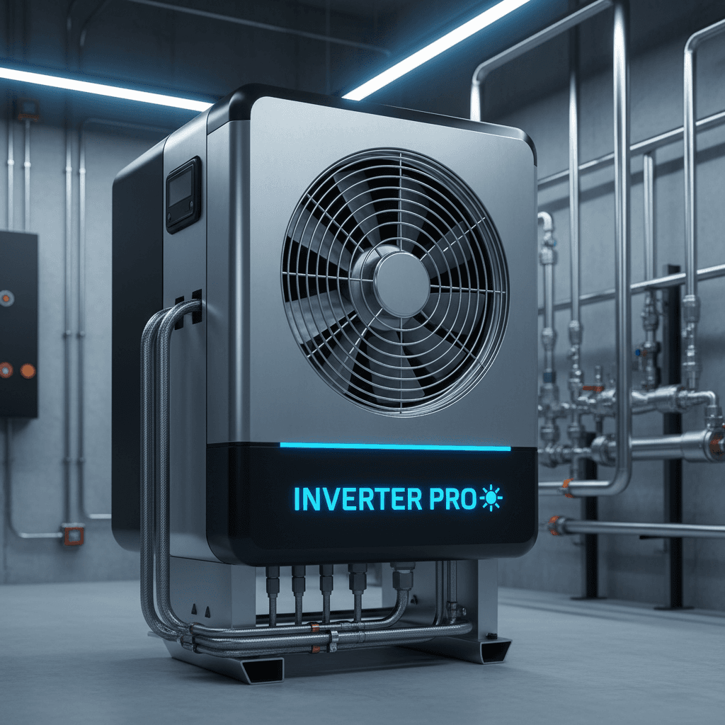 Close-up of an inverter heat pump compressor unit with a modern design