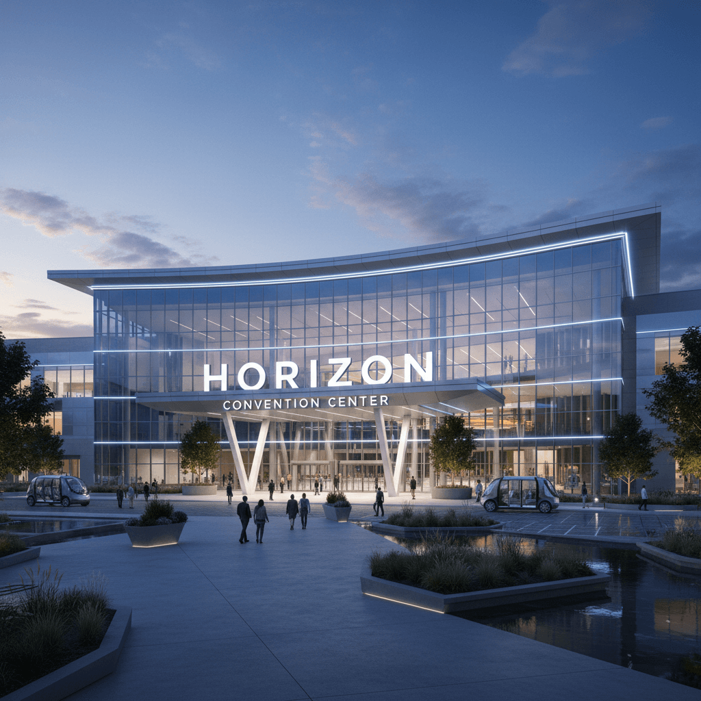 Modern convention center exterior with glass facade