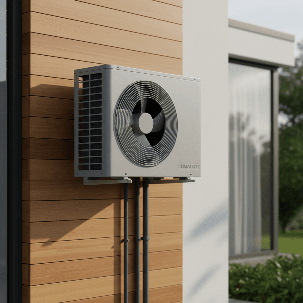Modern split-system air conditioner outdoor unit mounted on a residential wall