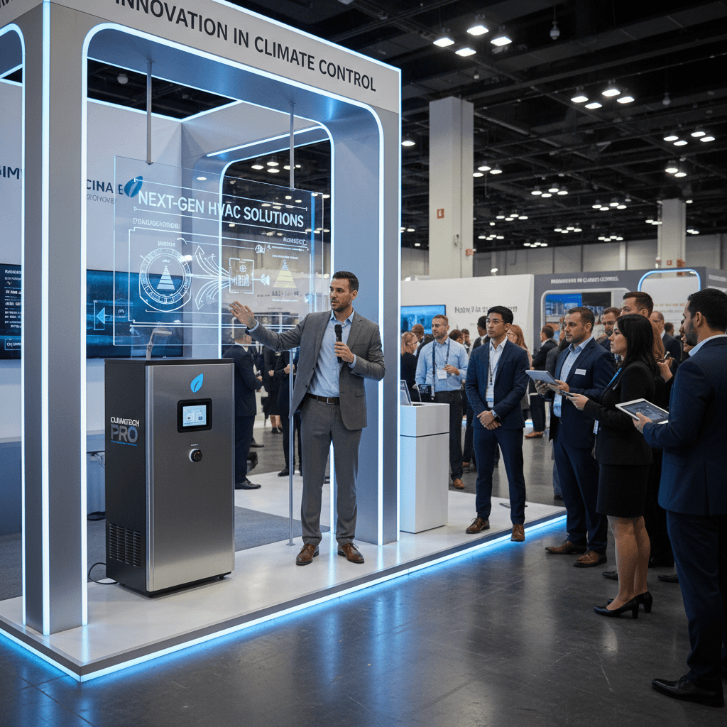 Engineer presenting new HVAC equipment at an exhibition booth