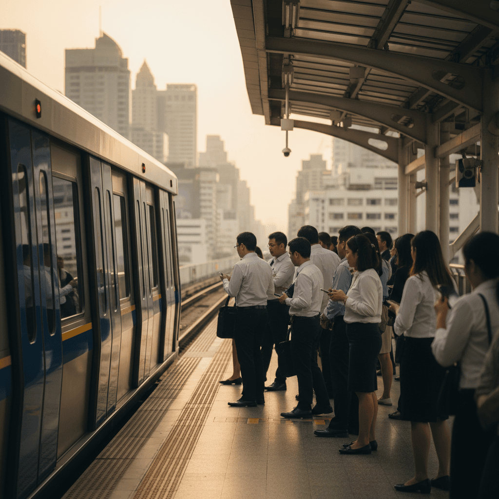 BTS Skytrain arriving at a station near BITEC Bangna