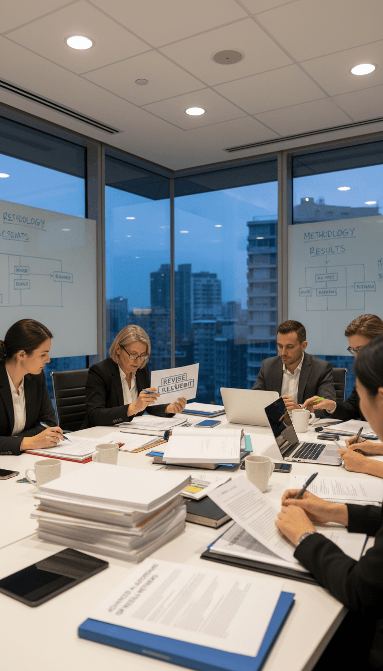 Reviewers evaluating research papers at a conference table