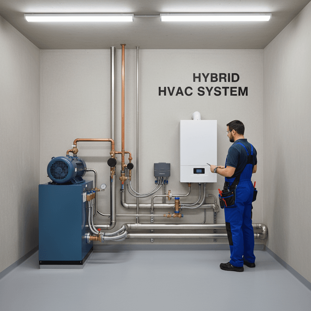 Technician inspecting a hybrid heat pump and boiler system in a modern mechanical room