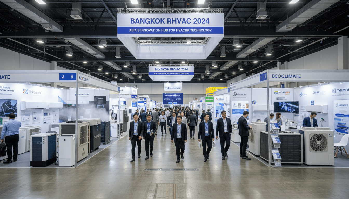 Wide angle view of a bustling exhibition hall in Bangkok with modern air conditioning units on display.