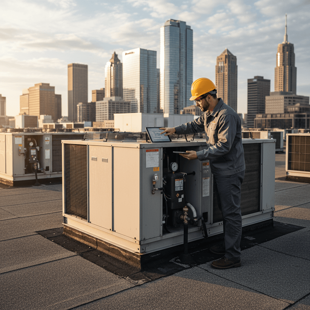 Engineer inspecting HVAC unit in commercial building rooftop