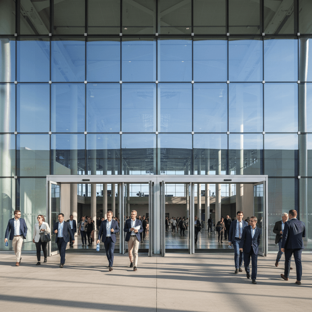 Modern exhibition hall entrance in Bangkok with people walking in
