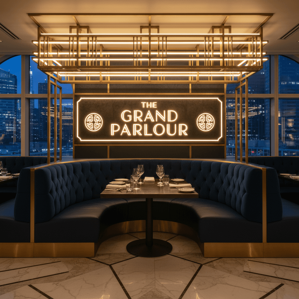 Premium corner booth with custom lighting and prominent signage