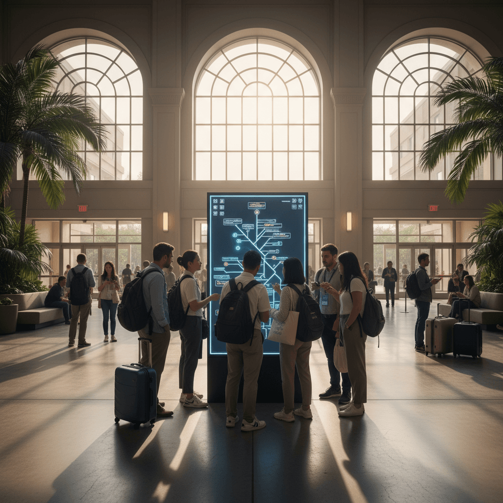 International visitors checking a directory at a convention center