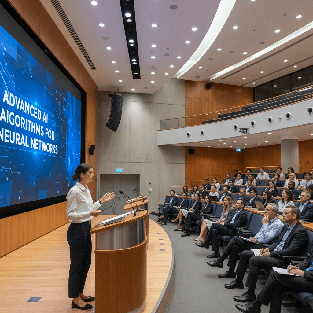 Researcher presenting technical paper at conference in modern lecture hall