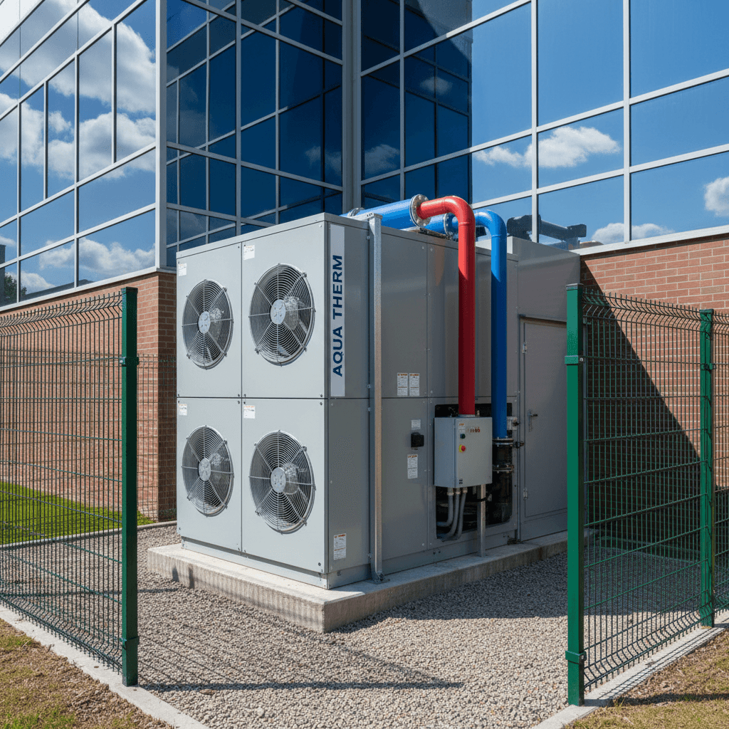 Large air-to-water heat pump unit installed outside a commercial building