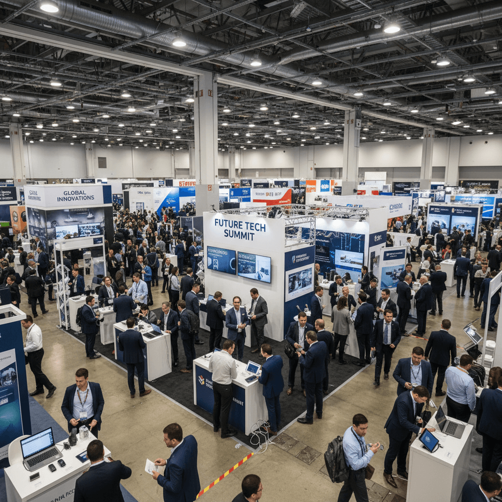 Trade show floor with attendees networking between exhibits
