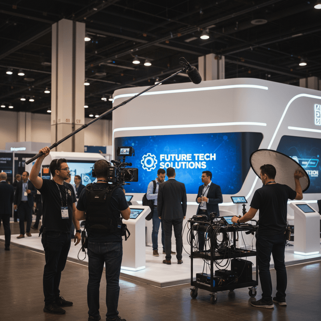 Professional camera crew filming a booth at a trade show