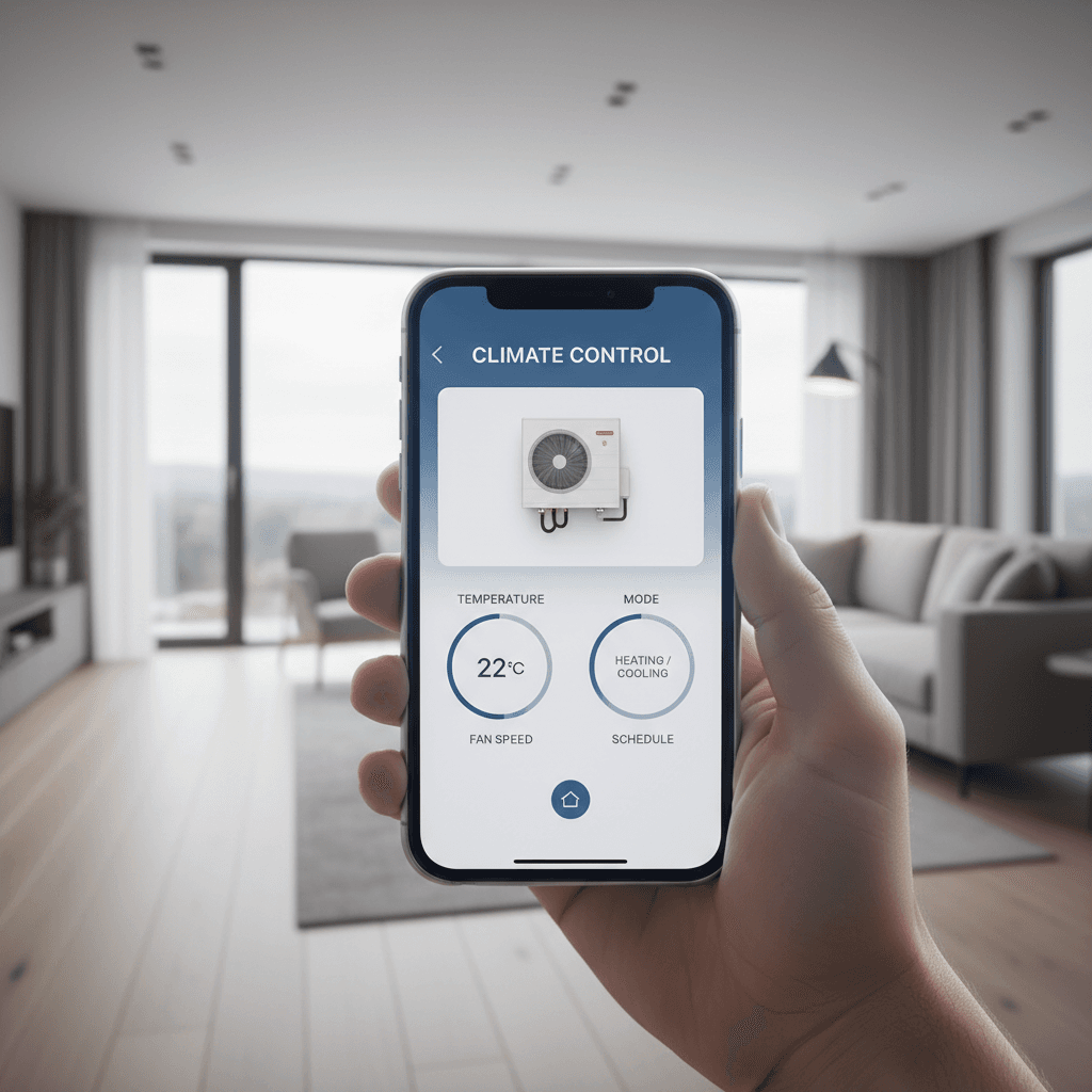 Smartphone app showing heat pump controls with a modern home in the background