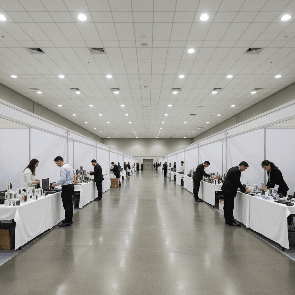 Wide exhibition hall aisle with organized booths