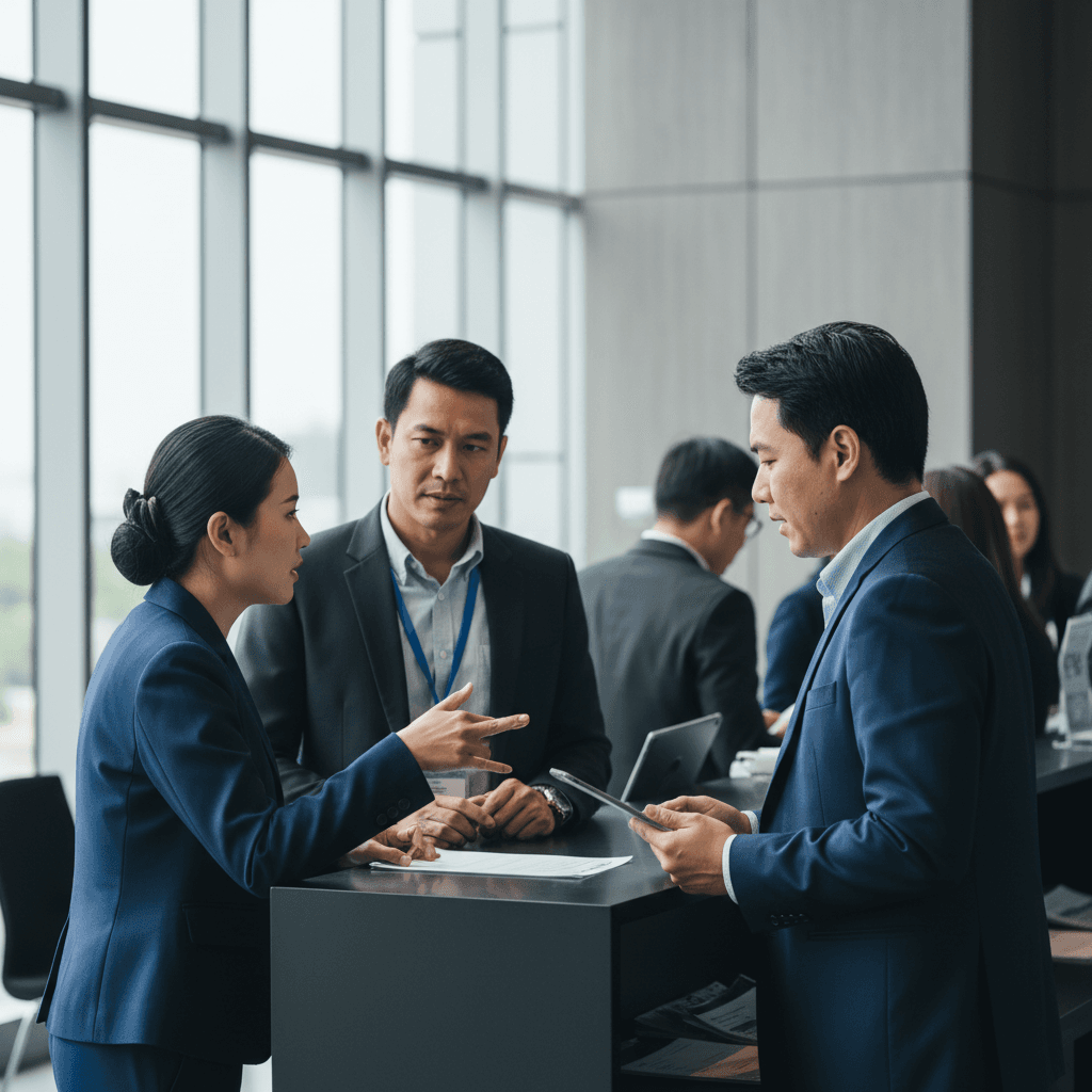 Thai industry professionals talking at an exhibition