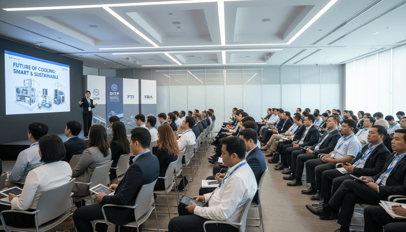 Audience attentively watching a presentation at a Bangkok HVAC trade show seminar