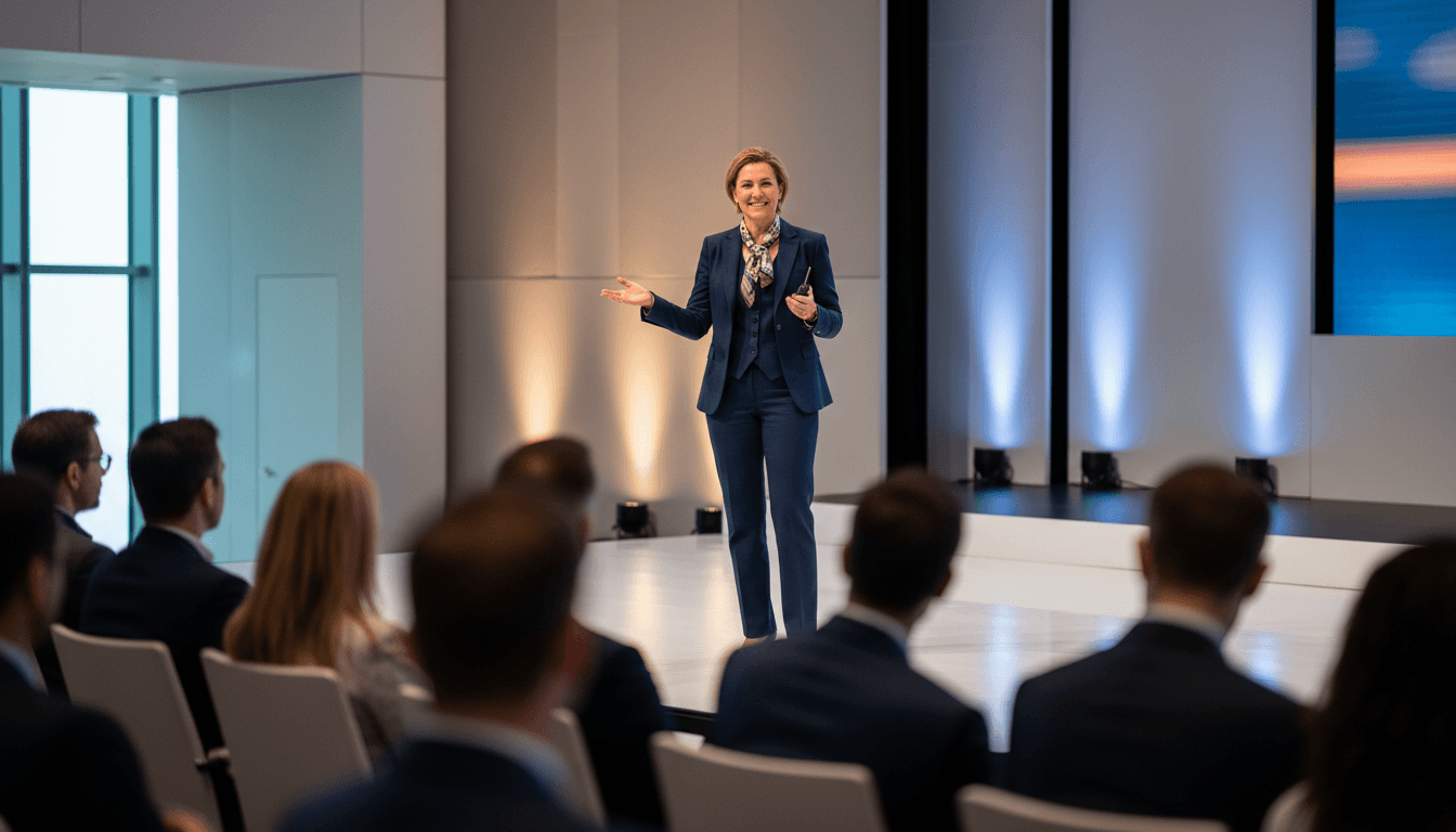 Professional speaker delivering keynote presentation on modern conference stage with engaged audience visible in background