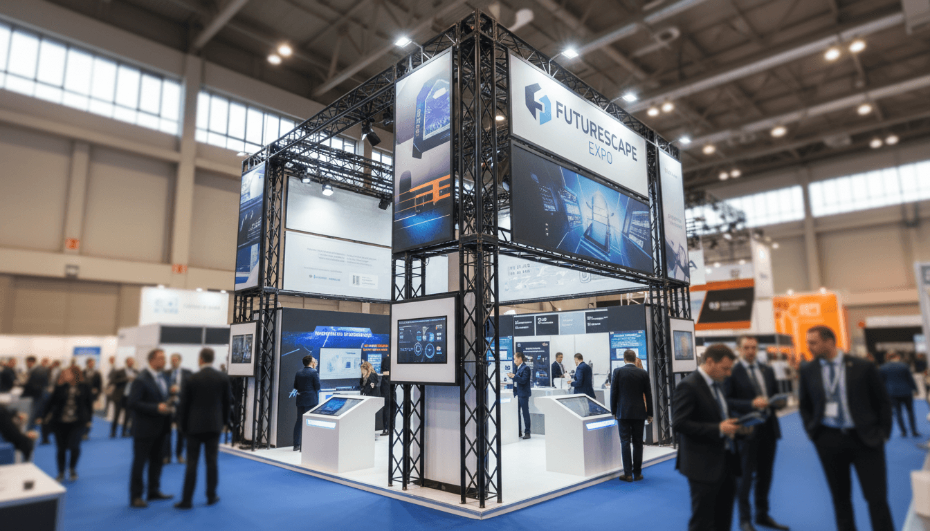 Double booth with linear product display arrangement