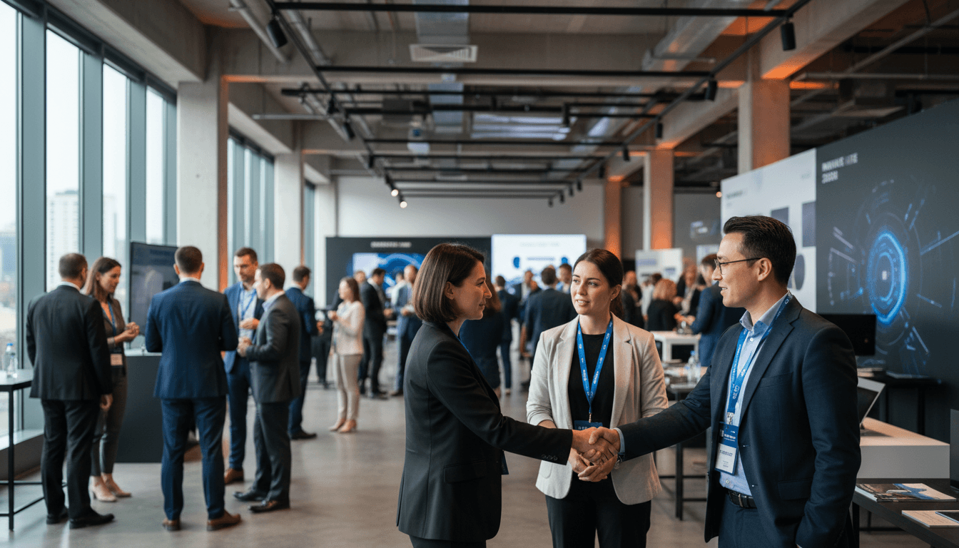 Business professionals networking at conference, shaking hands with exhibitor booths visible in modern convention center