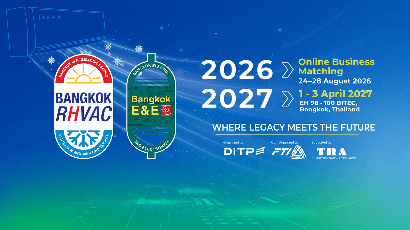 Event banner for Bangkok RHVAC and E&E trade shows in August 2026 and April 2027.
