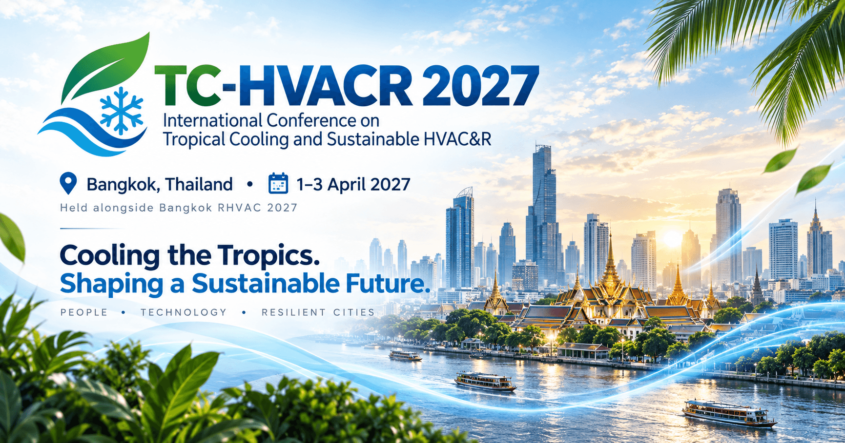 TC-HVACR 2027 conference banner featuring Bangkok's skyline and river, promoting sustainable tropical cooling solutions.